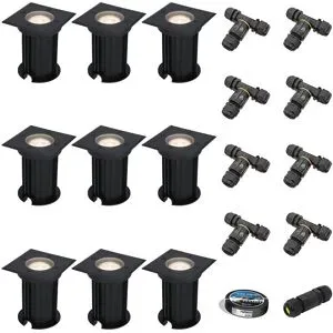 HOFTRONIC 9er Set Ramsay LED Bodeneinbaustrahler außen Eckig - Dimmbar - GU10 Fassung - 4000K neutralweiß - 4W 345lm - Bodenstrahler - Schwarz - IP67 - Inklusive Installationsmaterial (Kabel & Verbinder)