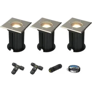 HOFTRONIC 3er Set Ramsay LED Bodeneinbaustrahler außen - Dimmbar - Eckig - GU10 Fassung - 4W 345lm - 4000K neutralweiß - Edelstahl - IP67 wasserdicht - Bodenstrahler - Inklusive Installationsmaterial (Kabel & Verbinder)
