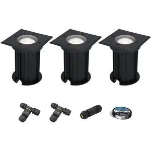 HOFTRONIC 3er Set Ramsay LED Bodeneinbaustrahler außen Eckig - Dimmbar - GU10 Fassung - 6500K tageslichtweiß - 4W 345lm - Bodenstrahler - Schwarz - IP67 - Inklusive Installationsmaterial (Kabel & Verbinder)
