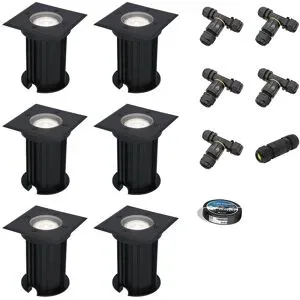HOFTRONIC 6er Set Ramsay LED Bodeneinbaustrahler außen Eckig - Dimmbar - GU10 Fassung - 6500K tageslichtweiß - 4W 345lm - Bodenstrahler - Schwarz - IP67 - Inklusive Installationsmaterial (Kabel & Verbinder)
