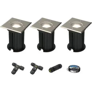HOFTRONIC 3er Set Ramsay LED Bodeneinbaustrahler außen - Dimmbar - Eckig - GU10 Fassung - 4W 345lm - 6500K tageslichtweiß - Edelstahl - IP67 wasserdicht - Bodenstrahler - Inklusive Installationsmaterial (Kabel & Verbinder)