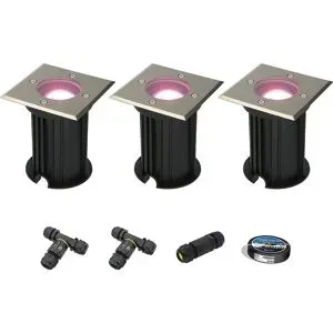HOFTRONIC SMART 3er Set Ramsay Smart Bodeneinbaustrahler außen - Eckig - 5,5W 400lm - RGBWW - Wifi + Bluetooth - App Steuerung - IP67 - Google Home - Amazon Alexa - Edelstahl - Inklusive Installationsmaterial (Kabel & Verbinder)