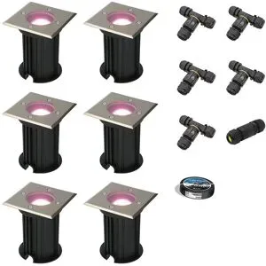 HOFTRONIC SMART 6er Set Ramsay Smart Bodeneinbaustrahler außen - Eckig - 5,5W 400lm - RGBWW - Wifi + Bluetooth - App Steuerung - IP67 - Google Home - Amazon Alexa - Edelstahl - Inklusive Installationsmaterial (Kabel & Verbinder)