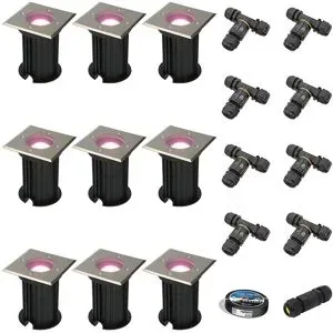 HOFTRONIC SMART 9er Set Ramsay Smart Bodeneinbaustrahler außen - Eckig - 5,5W 400lm - RGBWW - Wifi + Bluetooth - App Steuerung - IP67 - Google Home - Amazon Alexa - Edelstahl - Inklusive Installationsmaterial (Kabel & Verbinder)