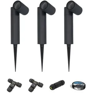HOFTRONIC 3er-Set Pinero Dimmbarer LED Gartenstrahler mit Erdspieß - GU10 Fassung - Schwenkbar - Dimmbar - Gartenspot - Außenstrahler - IP65 Wasserdicht - Schwarz - Inklusive Installationsmaterial (Kabel & Verbinder)