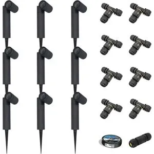 HOFTRONIC 9er-Set Pinero Dimmbarer LED Gartenstrahler mit Erdspieß - GU10 Fassung - Schwenkbar - Dimmbar - Gartenspot - IP65 - Schwarz - Inklusive Installationsmaterial (Kabel & Verbinder)