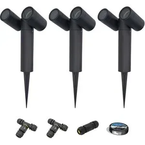 HOFTRONIC 3er-Set Pinero Doppel LED Gartenstrahler mit Erdspieß - Schwenkbar - Dimmbar - GU10 Fassung - IP65 - Schwarz - Erdspießstrahler - Inklusive Installationsmaterial (Kabel & Verbinder)