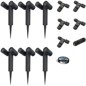 HOFTRONIC 6er-Set Pinero Doppel LED Gartenstrahler mit Erdspieß - Schwenkbar - Dimmbar - GU10 Fassung - IP65 - Schwarz - Erdspießstrahler - Inklusive Installationsmaterial (Kabel & Verbinder)