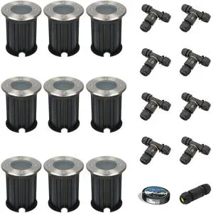 HOFTRONIC 9er Set Maisy LED Bodeneinbaustrahler außen - Ø12cm - Rund - Edelstahl - GU10 Fassung - IP67 wasserdicht - Bodenstrahler - Einfahrt - Inklusive Installationsmaterial (Kabel & Verbinder)