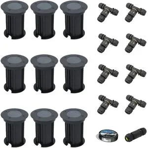 HOFTRONIC 9er Set Maisy LED Bodeneinbaustrahler außen - Ø12cm - Dimmbar - GU10 Fassung - Rund - Bodenstrahler - Auffahrt - Schwarz - IP67 - Inklusive Installationsmaterial (Kabel & Verbinder)