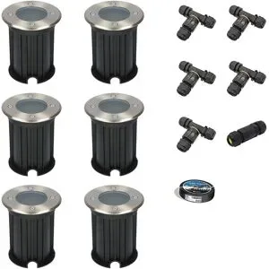 HOFTRONIC 6er Set Maisy LED Bodeneinbaustrahler außen - Ø12cm - Rund - Edelstahl - GU10 Fassung - IP67 wasserdicht - Bodenstrahler - Einfahrt - Inklusive Installationsmaterial (Kabel & Verbinder)