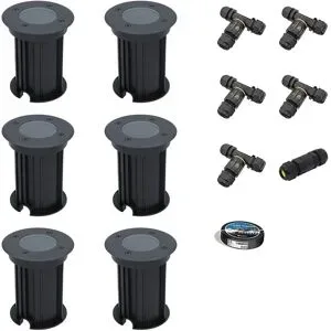 HOFTRONIC 6er Set Maisy LED Bodeneinbaustrahler außen - Ø12cm - Dimmbar - GU10 Fassung - Rund - Bodenstrahler - Auffahrt - Schwarz - IP67 - Inklusive Installationsmaterial (Kabel & Verbinder)