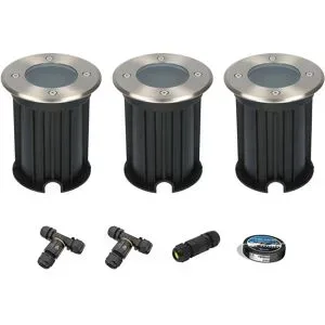 HOFTRONIC 3er Set Maisy LED Bodeneinbaustrahler außen - Ø12cm - Rund - Edelstahl - GU10 Fassung - IP67 wasserdicht - Bodenstrahler - Einfahrt - Inklusive Installationsmaterial (Kabel & Verbinder)