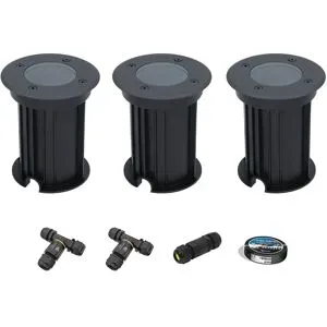 HOFTRONIC 3er Set Maisy LED Bodeneinbaustrahler außen - Ø12cm - Dimmbar - GU10 Fassung - Rund - Bodenstrahler - Auffahrt - Schwarz - IP67 - Inklusive Installationsmaterial (Kabel & Verbinder)