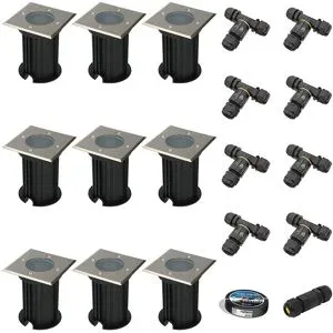 HOFTRONIC 9er Set Ramsay LED Bodeneinbaustrahler außen - Eckig - Edelstahl - GU10 Fassung - IP67 wasserdicht - Bodenstrahler - Einfahrt - Excl. Leuchtmittel - Inklusive Installationsmaterial (Kabel & Verbinder)