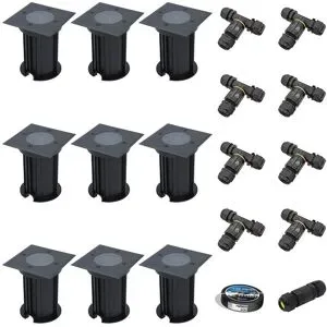 HOFTRONIC 9er Set Ramsay LED Bodeneinbaustrahler außen Eckig - Dimmbar - GU10 Fassung - Bodenstrahler - Schwarz - IP67 wasserdicht - Excl. Leuchtmittel - Inklusive Installationsmaterial (Kabel & Verbinder)