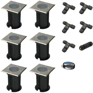 HOFTRONIC 6er Set Ramsay LED Bodeneinbaustrahler außen - Eckig - Edelstahl - GU10 Fassung - IP67 wasserdicht - Bodenstrahler - Einfahrt - Excl. Leuchtmittel - Inklusive Installationsmaterial (Kabel & Verbinder)