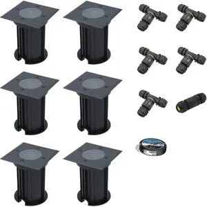 HOFTRONIC 6er Set Ramsay LED Bodeneinbaustrahler außen Eckig - Dimmbar - GU10 Fassung - Bodenstrahler - Schwarz - IP67 wasserdicht - Excl. Leuchtmittel - Inklusive Installationsmaterial (Kabel & Verbinder)