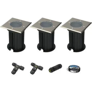 HOFTRONIC 3er Set Ramsay LED Bodeneinbaustrahler außen - Eckig - Edelstahl - GU10 Fassung - IP67 wasserdicht - Bodenstrahler - Einfahrt - Excl. Leuchtmittel - Inklusive Installationsmaterial (Kabel & Verbinder)
