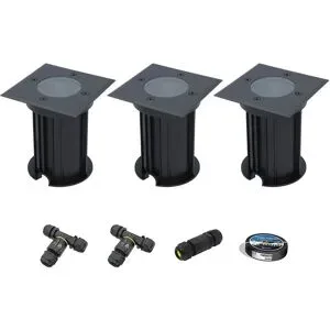 HOFTRONIC 3er Set Ramsay LED Bodeneinbaustrahler außen Eckig - Dimmbar - GU10 Fassung - Bodenstrahler - Schwarz - IP67 wasserdicht - Excl. Leuchtmittel - Inklusive Installationsmaterial (Kabel & Verbinder)