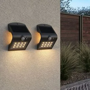 HOFTRONIC 2er Set Rhodes Solar-Wandleuchte Up & Down - mit Bewegungssensor - 1,5 W - 3000 K Warmweiß - 2 Leuchtstufen - IP65 wasserdicht - Wandleuchte für Zaun - Schwarz