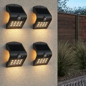 HOFTRONIC 4er Set Rhodes Solar-Wandleuchte Up & Down - mit Bewegungssensor - 1,5 W - 3000 K Warmweiß - 2 Leuchtstufen - IP65 wasserdicht - Wandleuchte für Zaun - Schwarz