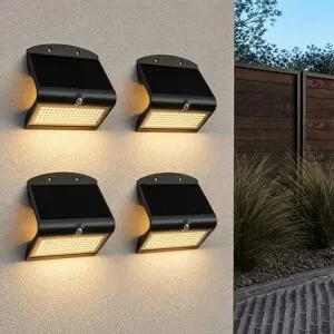 HOFTRONIC 4er Set Rhodes Solar-Wandleuchte Up & Down - mit Bewegungssensor - 8 W - 3000 K Warmweiß - 2 Leuchtstufen - IP65 wasserdicht - Wandleuchte für Zaun - Schwarz