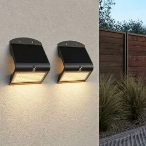HOFTRONIC 2er Set Rhodes Solar-Wandleuchte Up & Down - mit Bewegungssensor - 8 W - 3000 K Warmweiß - 2 Leuchtstufen - IP65 wasserdicht - Wandleuchte für Zaun - Schwarz
