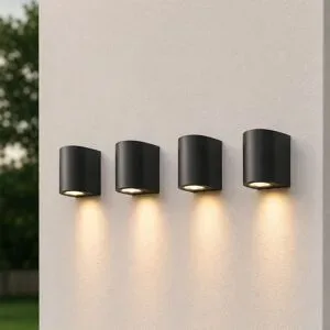 HOFTRONIC 4er Set Alvin Dimmbare LED-Wandleuchte - GU10 ohne Leuchtmittel - IP44 - Strahler für innen und außen - Wandstrahler - Schwarz - Downlight - Polycarbonat