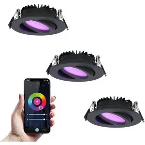 HOFTRONIC SMART 3er Set Rome Smart Einbaustrahler - IP44 Wasserdicht - 6 Watt 480 lumen - Schwenkbar - Wifi + Bluetooth - RGBWW - Google Home, Amazon Alexa und Siri - Schwarz - Für den Innen- und Außenbereich