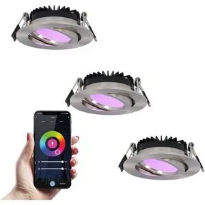HOFTRONIC SMART 3er-Set Rome Smart Einbaustrahler - IP44 Wasserdicht - 6 Watt 480 lumen - Schwenkbar - Wifi + Bluetooth - RGBWW - Google Home, Amazon Alexa und Siri - Edelstahl - Für den Innen- und Außenbereich