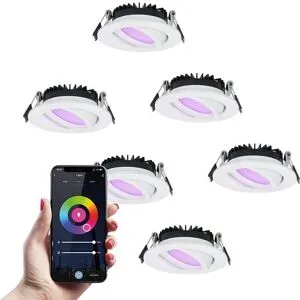 HOFTRONIC SMART 6er Set Rome Smart Einbaustrahler - IP44 Wasserdicht - 6 Watt 480 lumen - Schwenkbar - Wifi + Bluetooth - RGBWW - Google Home, Amazon Alexa und Siri - Weiß - Für den Innen- und Außenbereich