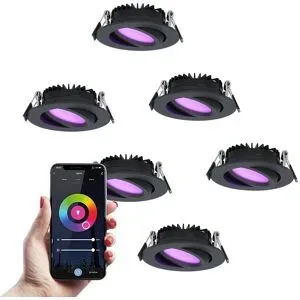 HOFTRONIC SMART 6er Set Rome Smart Einbaustrahler - IP44 Wasserdicht - 6 Watt 480 lumen - Schwenkbar - Wifi + Bluetooth - RGBWW - Google Home, Amazon Alexa und Siri - Schwarz - Für den Innen- und Außenbereich