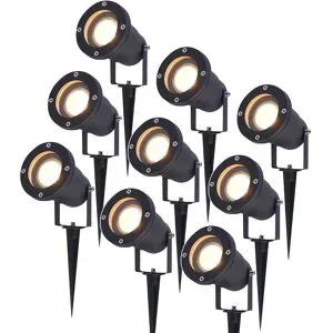 HOFTRONIC 9er Set Sydney LED Gartenstrahler mit Erdspieß - Dimmbar - Schwenkbar - GU10 4 Watt 345 lumen - 2700K warmweiß - IP65 Wasserdicht - Schwarz- Erdspießstrahler