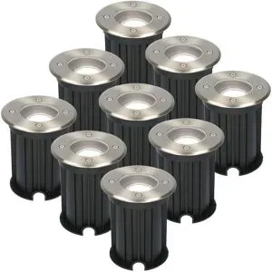 HOFTRONIC 9er Set Maisy LED Bodeneinbaustrahler außen - Ø12cm - Dimmbar - Rund - GU10 Fassung - 4 Watt 345 Lumen - 6500K tageslichtweiß - Edelstahl - IP67 wasserdicht - Bodenstrahler - Einfahrt