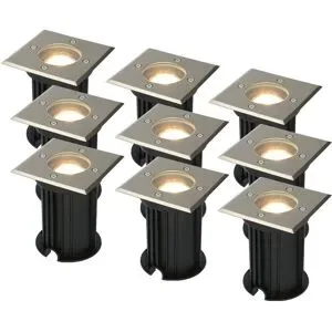 HOFTRONIC 9er Set Ramsay LED Bodeneinbaustrahler außen - Dimmbar - Eckig - GU10 Fassung - 4 Watt 345 Lumen - 6500K tageslichtweiß - Edelstahl - IP67 wasserdicht - Bodenstrahler - Einfahrt