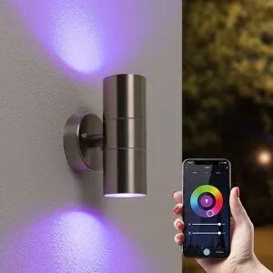 HOFTRONIC SMART Jasmin Smart Wandlampe LED - Wifi + Bluetooth - 11W 800lm - RGBWW - IP44 wasserdicht - GU10 - Up Down Lampe - Edelstahl - Google Home, Amazon Alexa und Siri