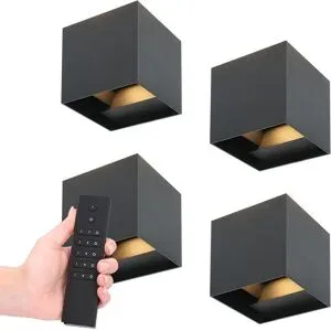 HOFTRONIC Set mit 4 dimmbaren LED-Wandleuchten Kansas - Schwarz - 7 Watt 560 Lumen - 3000K warmweiß - Up & Down Licht - IP65 - Inkl. Dimmer mit Fernbedienung