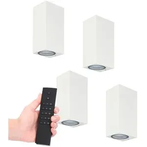 HOFTRONIC 4x LED Wandlampe Selma Weiß - Dimmbar - 8 Watt 690 Lumen - 2700K warmweiß- GU10 - Up & Down Licht - IP65 Wasserdicht - Inkl. Dimmer mit Fernbedienung - Gartenbeleuchtung