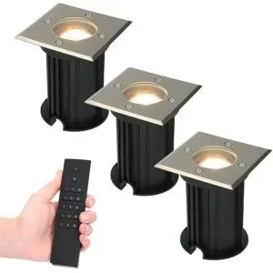 HOFTRONIC 3er Set Ramsay LED Bodeneinbaustrahler außen - Eckig - Dimmbar - GU10 - 2700K warmweiß - 4W 345lm - Bodenstrahler - Edelstahl - IP67 wasserdicht - Inkl. Fernbedienung