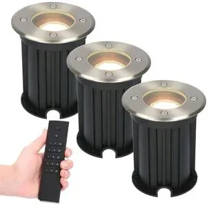 HOFTRONIC 3er Set dimmbare LED Bodeneinbaustrahler Maisy - rund - Edelstahl - 4 Watt 345 lumen - 2700K warmweiß - IP65 Wasserdicht - Inkl. Dimmer mit Fernbedienung