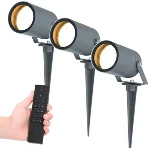 HOFTRONIC 3er Set LED Gartenstrahler mit Erdspieß Spikey - 4 Watt 345 lumen - 2700K warmweiß - anthrazit - IP65 Wasserdicht - Inkl. Dimmer mit Fernbedienung