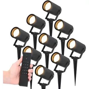 HOFTRONIC Set mit 9 LED Gartenstrahlern Spikey - 2700K - schwarz - IP65 - Inkl. Dimmer mit Fernbedienung