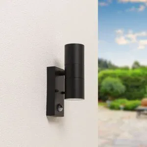 HOFTRONIC Blenda Wandleuchte - Schwarz - Bewegungsmelder und Dämmerungsschalter - IP44 spritzwassergeschützt - Up & Downlight für den Außenbereich - GU10 Leuchtmittel