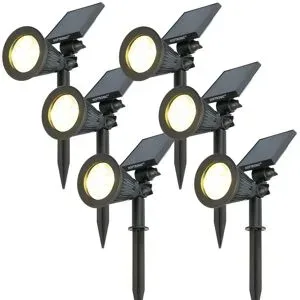 HOFTRONIC 6er Set Bend Solar Gartenstrahler mit Erdspieß - Inkl. Dämmerungsschalter - 3000K warmweiß - 2 Lichtmodi - 75lm - 6-9 Stunden Brenndauer - Schwenkbar und richtbar - IP65 wasserdicht