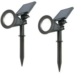 HOFTRONIC 2er Set Bend Solar Gartenstrahler mit Erdspieß - Inkl. Dämmerungsschalter - 6000K kaltweiß - 2 Lichtmodi - 200lm - 6-9 Stunden Brenndauer - Schwenkbar und richtbar - IP65 wasserdicht