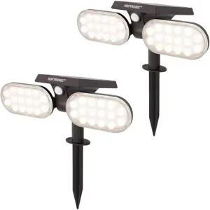 HOFTRONIC 2er Set Pato Solar Gartenstrahler - Bewegungssensor und Dämmerungsschalter - PIR - 6000K tageslichtweiß - 2 Lichtmodi - 300 Lumen - 6-12 Stunden Brenndauer - IP65 wasserdicht