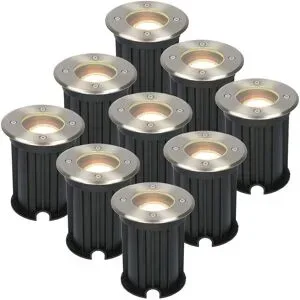 HOFTRONIC 9er Set Maisy LED Bodeneinbaustrahler außen - Ø12cm - Dimmbar - GU10 Fassung - 2700K warmweiß - 4W 345lm - Rund - Bodenstrahler - Auffahrt - Edelstahl - IP67 wasserdicht