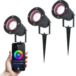 HOFTRONIC SMART 3er-Set Sydney Smart Gartenstrahler mit Erdspieß - RGBWW - Wifi + Bluetooth - 5,5W 400lm - IP65 Wasserdicht - App-Steuerung - Google Home, Amazon Alexa und Siri - Schwarz - Gartenstrahler