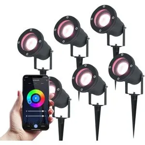 HOFTRONIC SMART 6er Set Sydney Smart Gartenstrahler mit Erdspieß - RGBWW - Wifi + Bluetooth - 5,5W 400lm - IP65 Wasserdicht - App-Steuerung - Google Home, Amazon Alexa und Siri - Schwarz - Gartenstrahler